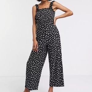 Topshop shirred jumpsuit in black floral